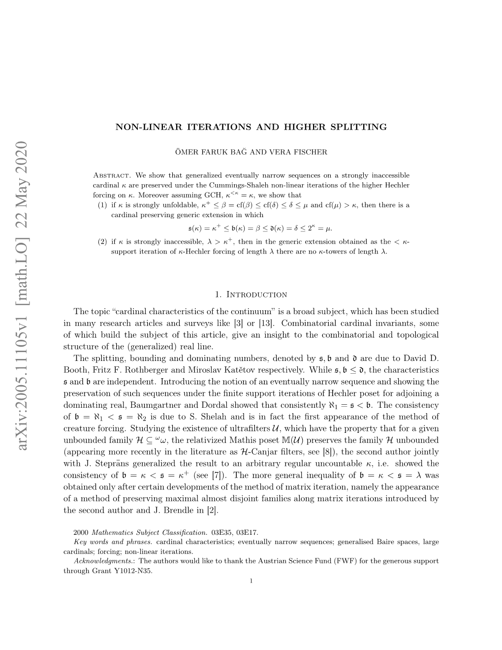 Arxiv:2005.11105V1 [Math.LO] 22 May 2020 None Family Unbounded Rauefrig Tdigteeitneo Ultraﬁlters of Existence the Studying Forcing