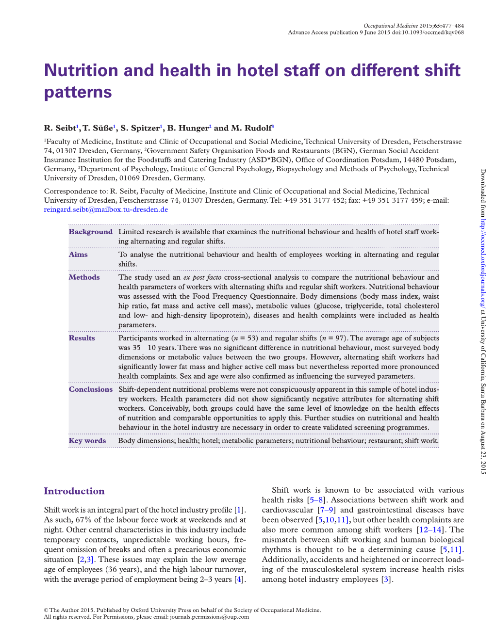 Nutrition and Health in Hotel Staff on Different Shift Patterns