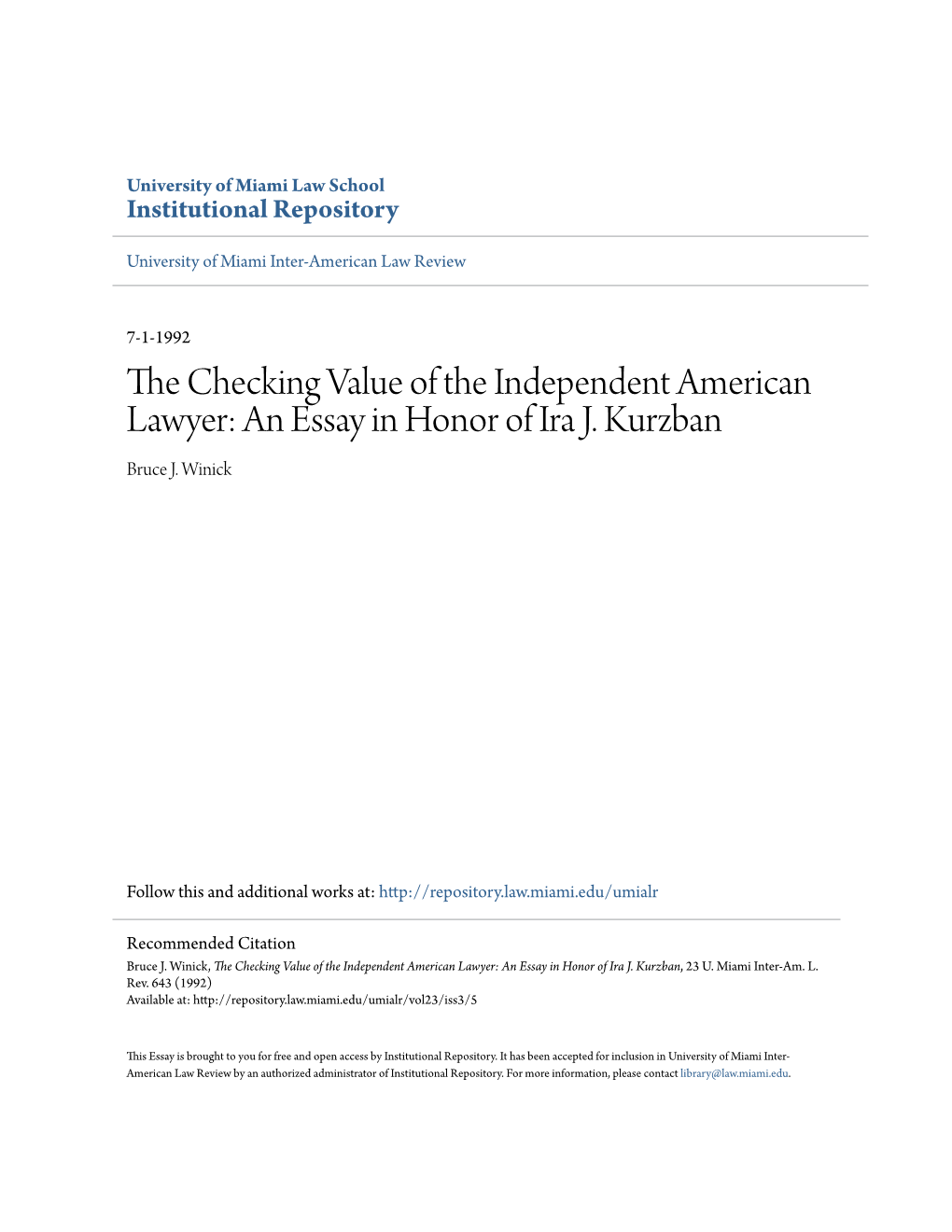 The Checking Value of the Independent American Lawyer: an Essay in Honor of Ira J
