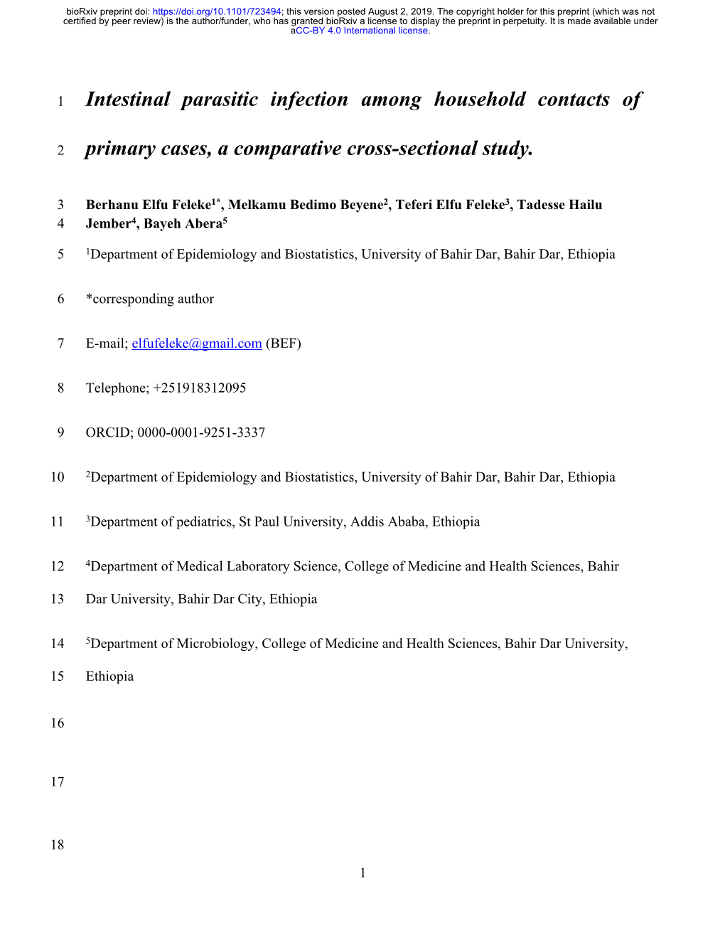 Intestinal Parasitic Infection Among Household Contacts Of