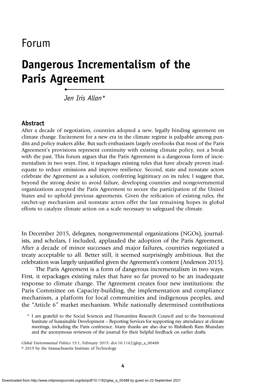 Forum Dangerous Incrementalism of the Paris Agreement • Jen Iris Allan*