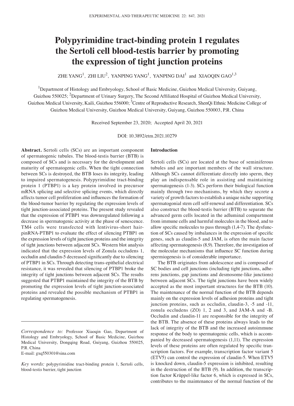 Polypyrimidine Tract‑Binding Protein 1 Regulates the Sertoli Cell Blood‑Testis Barrier by Promoting the Expression of Tight Junction Proteins