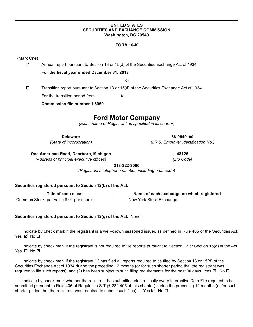 Ford Motor Company (Exact Name of Registrant As Specified in Its Charter)