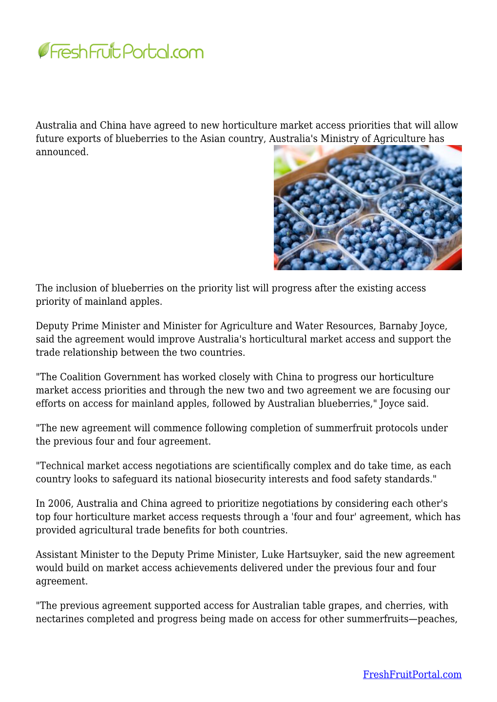 China Agrees to Prioritize Market Access for Australian Blueberries