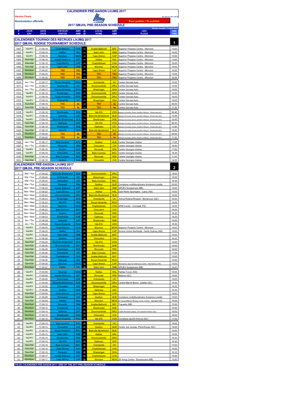 Calendrier Tournoi Des Recrues Lhjmq 2017 2017 Qmjhl Rookie Tournament Schedule 1