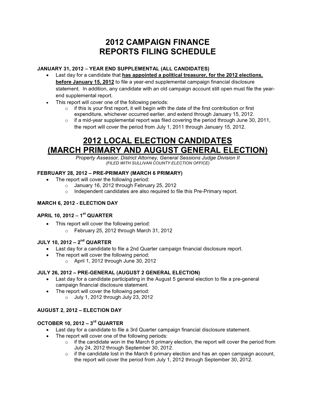 2012 Campaign Finance Reports Filing Schedule