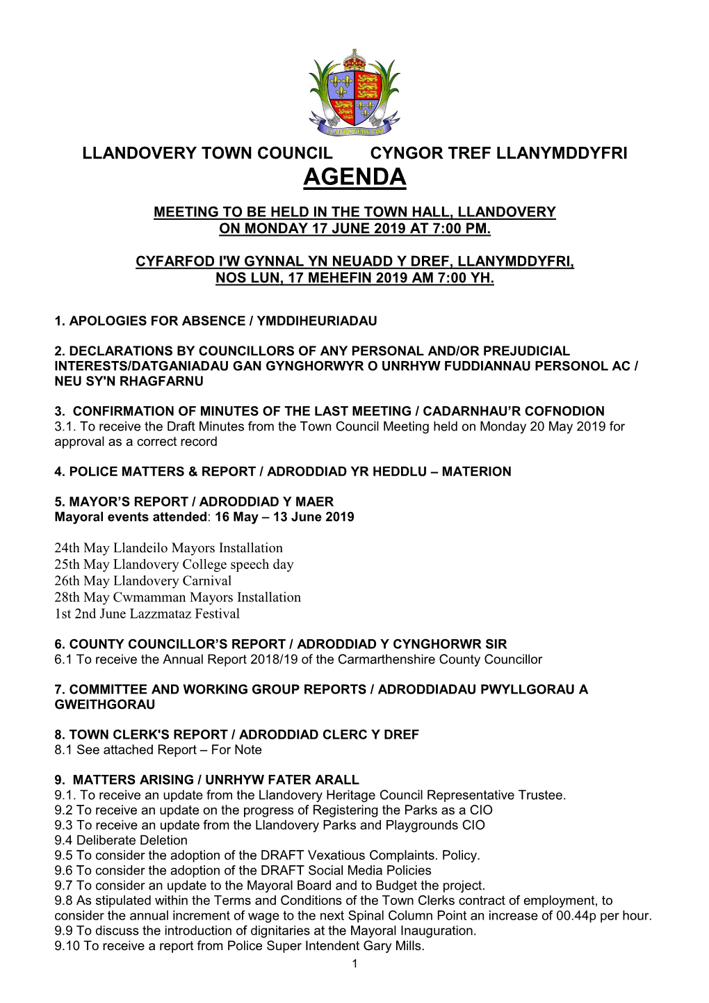 Llandovery Town Council Cyngor Tref Llanymddyfri Agenda