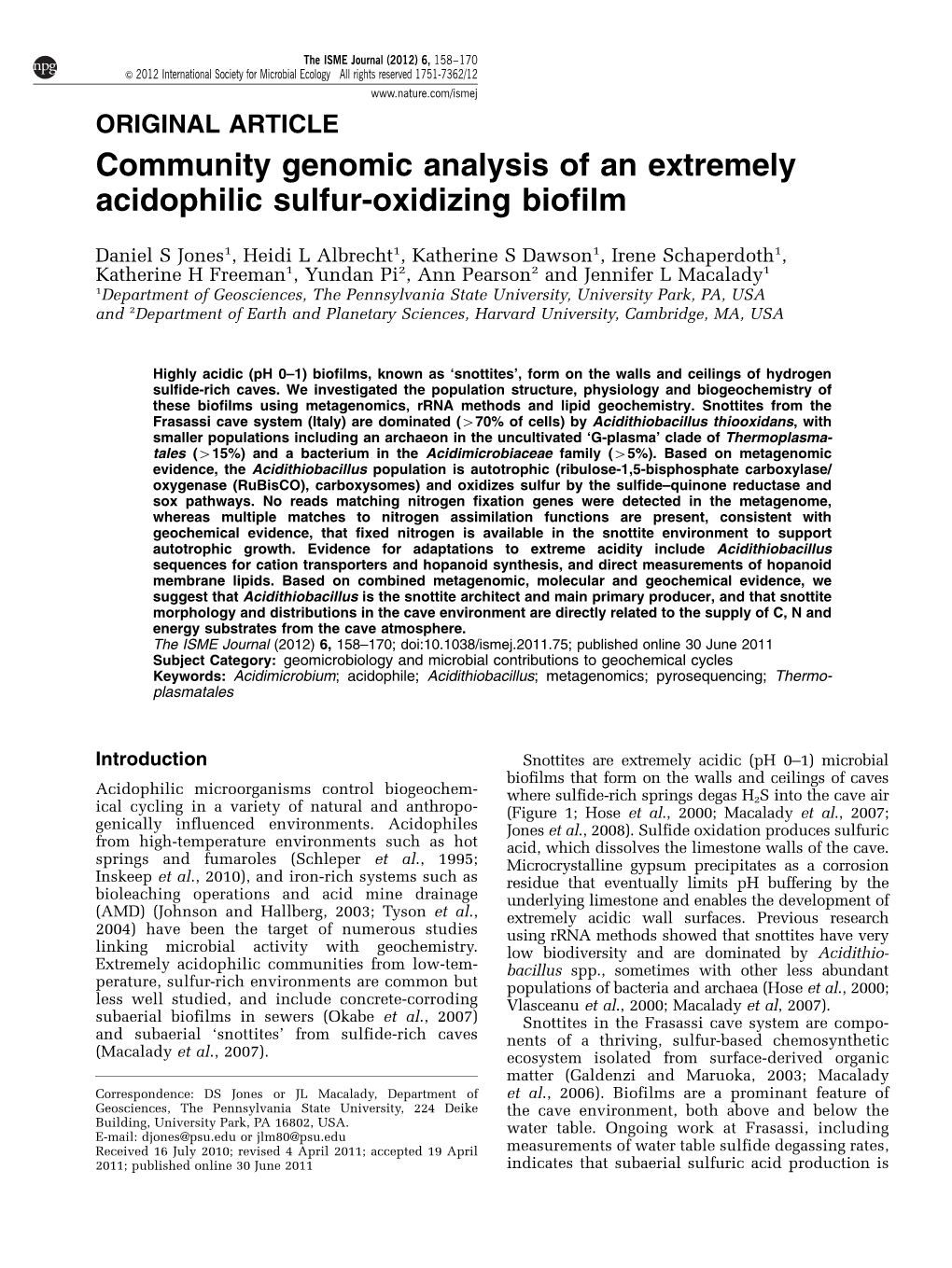 Community Genomic Analysis of an Extremely Acidophilic Sulfur-Oxidizing Biofilm