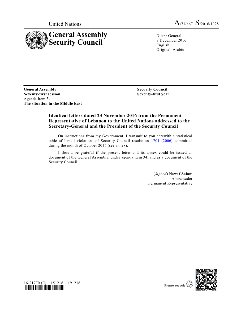 General Assembly Security Council Seventy-First Session Seventy-First Year Agenda Item 34 the Situation in the Middle East