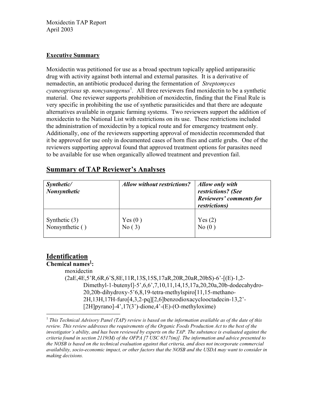 Moxidectin TAP Report April 2003