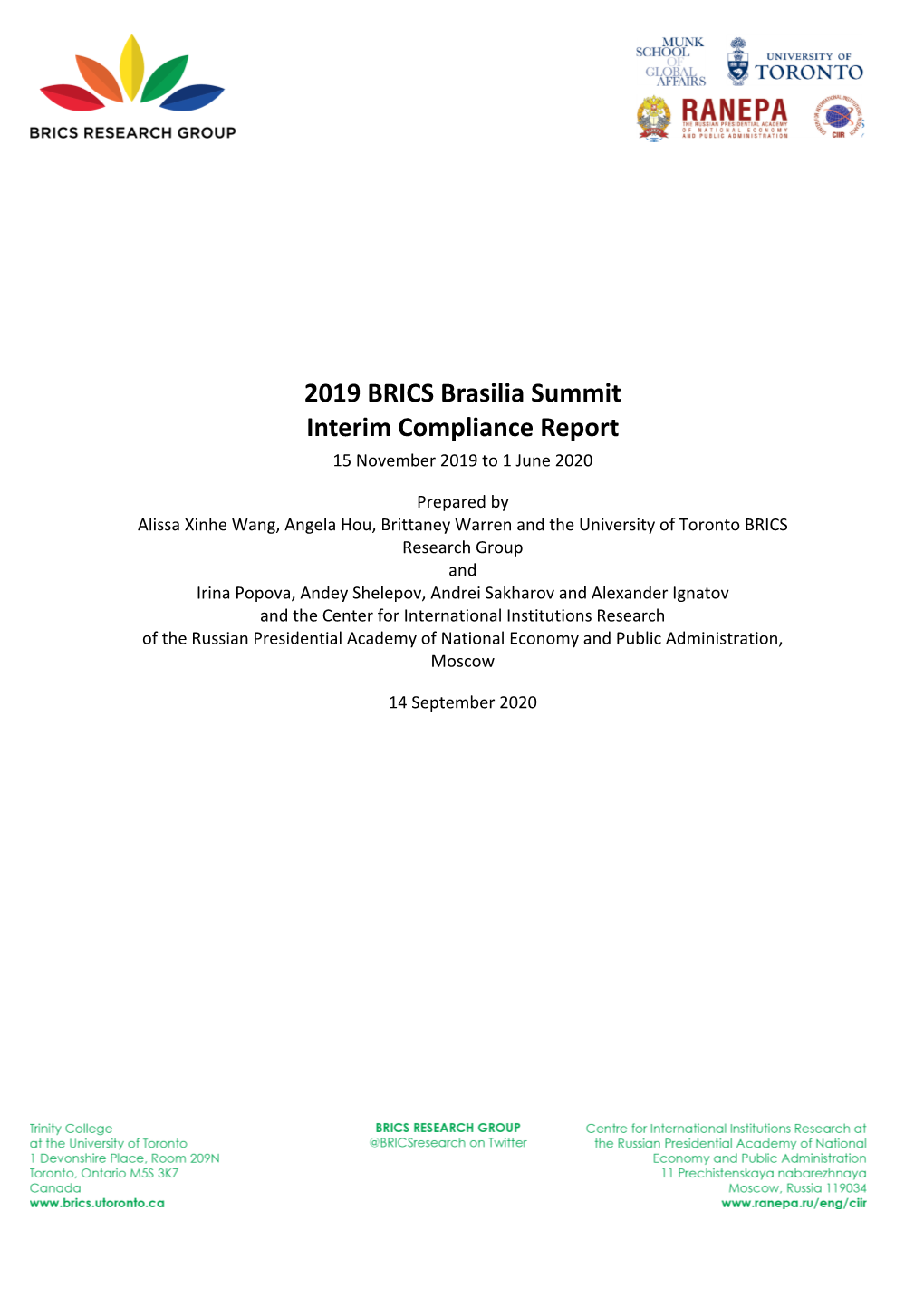 2019 BRICS Brasilia Summit Interim Compliance Report 15 November 2019 to 1 June 2020