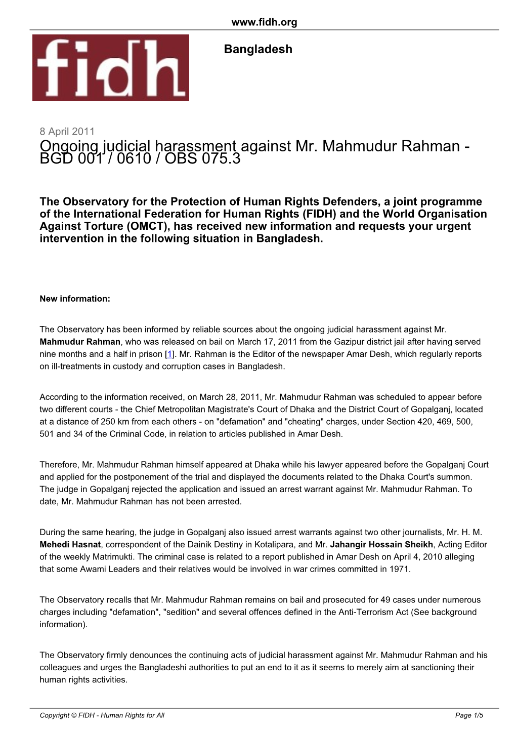 Ongoing Judicial Harassment Against Mr. Mahmudur Rahman - BGD 001 / 0610 / OBS 075.3