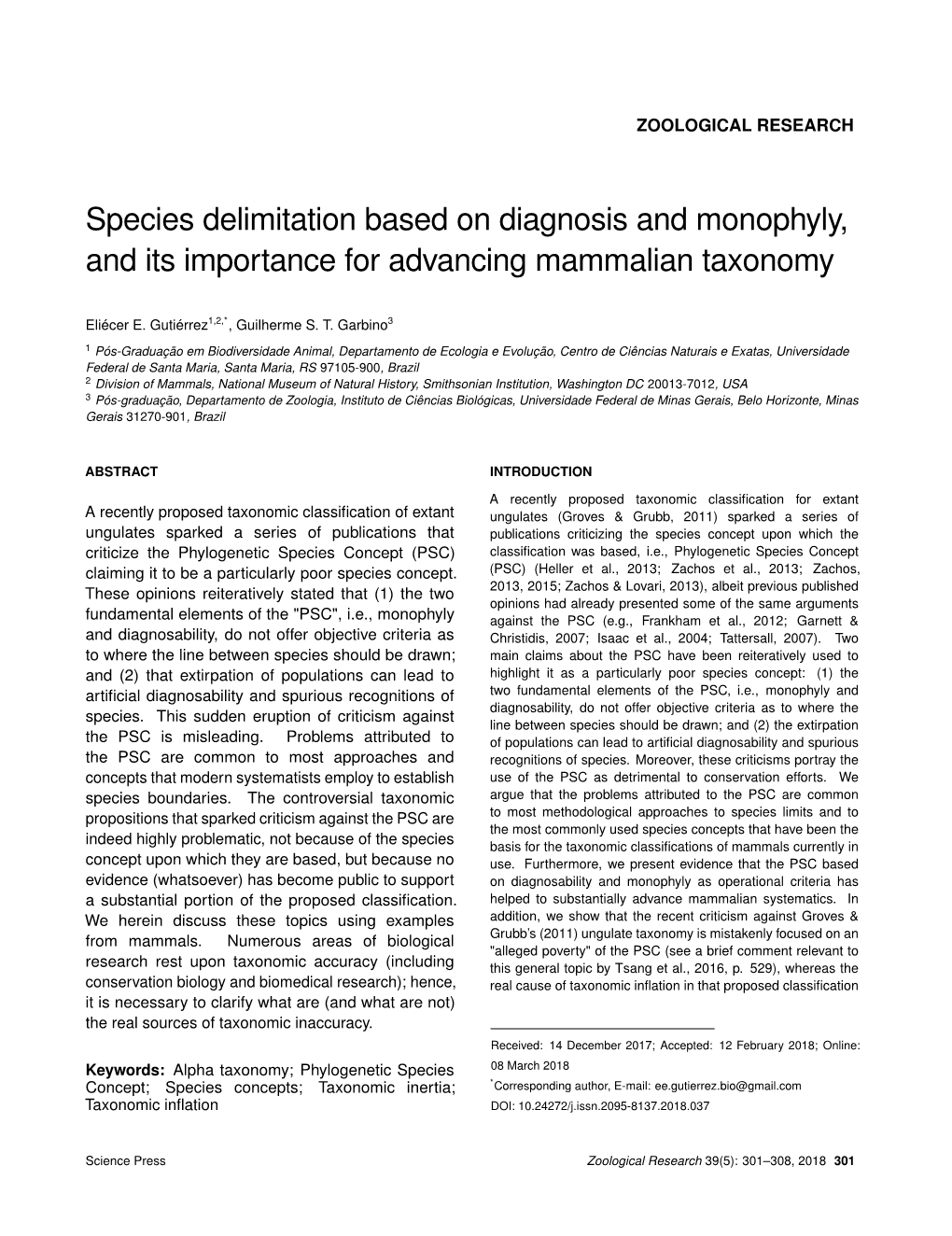 Species Delimitation Based on Diagnosis and Monophyly, and Its Importance for Advancing Mammalian Taxonomy