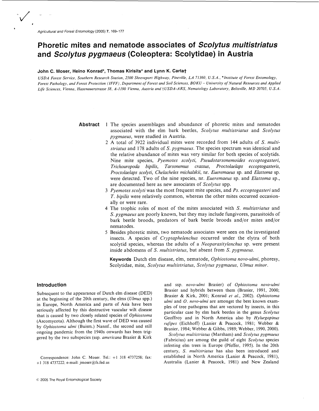 Phoretic Mites and Nematode Associates of Scolytus Multistriatus and Scolytus Pygmaeus (Coleoptera: Scolytidae) in Austria