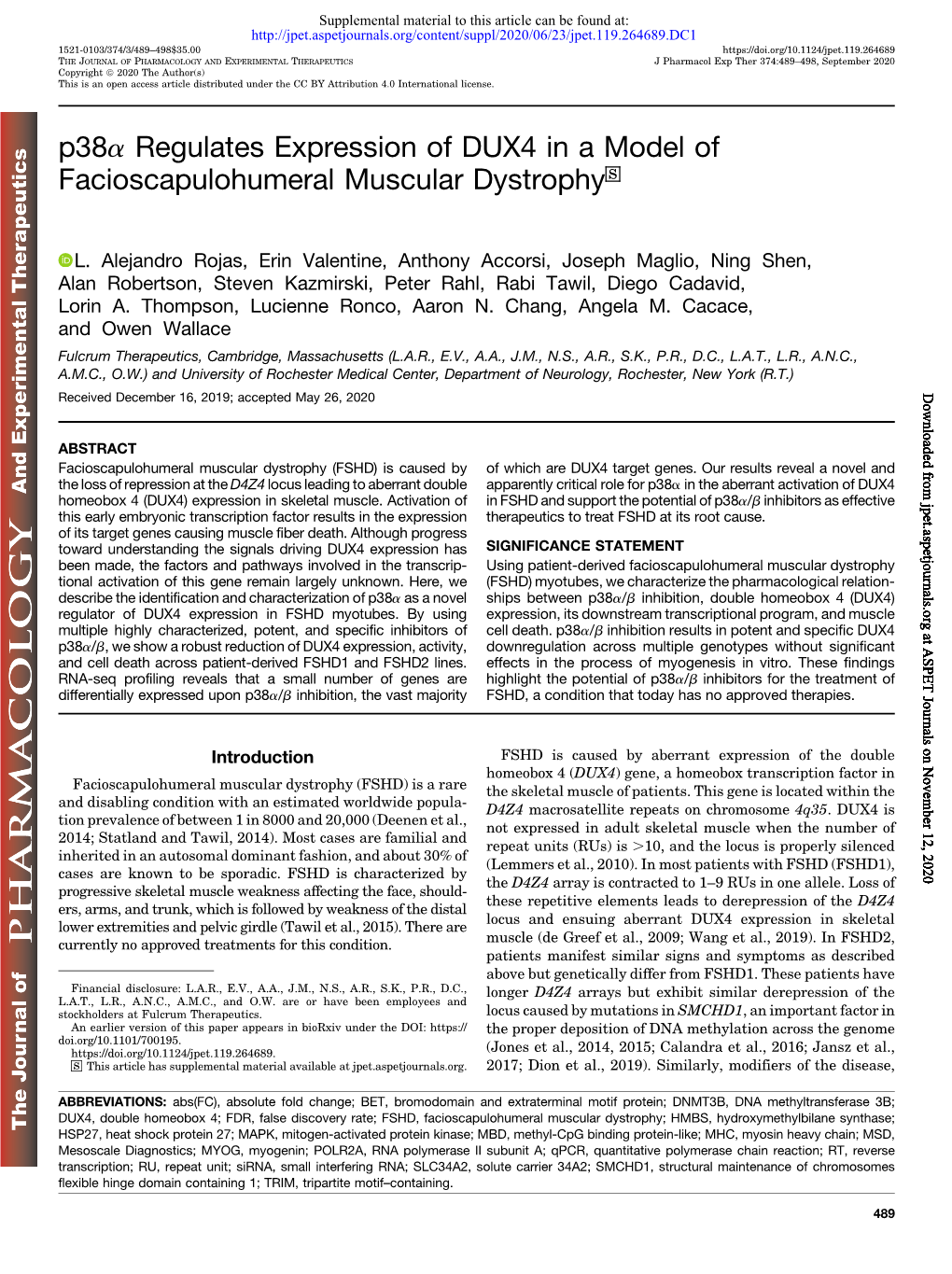 P38a Regulates Expression of DUX4 in a Model of Facioscapulohumeral Muscular Dystrophy S