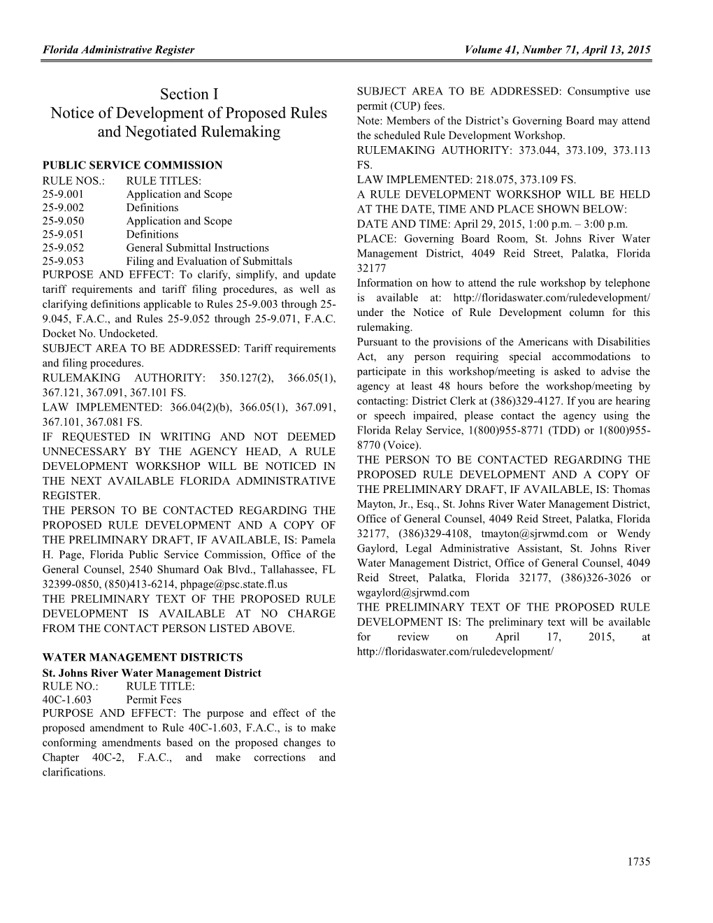 Florida Administrative Register Volume 41, Number 71, April 13, 2015