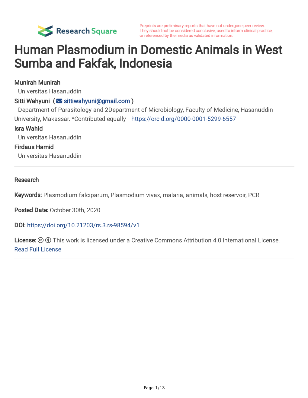 Human Plasmodium in Domestic Animals in West Sumba and Fakfak, Indonesia