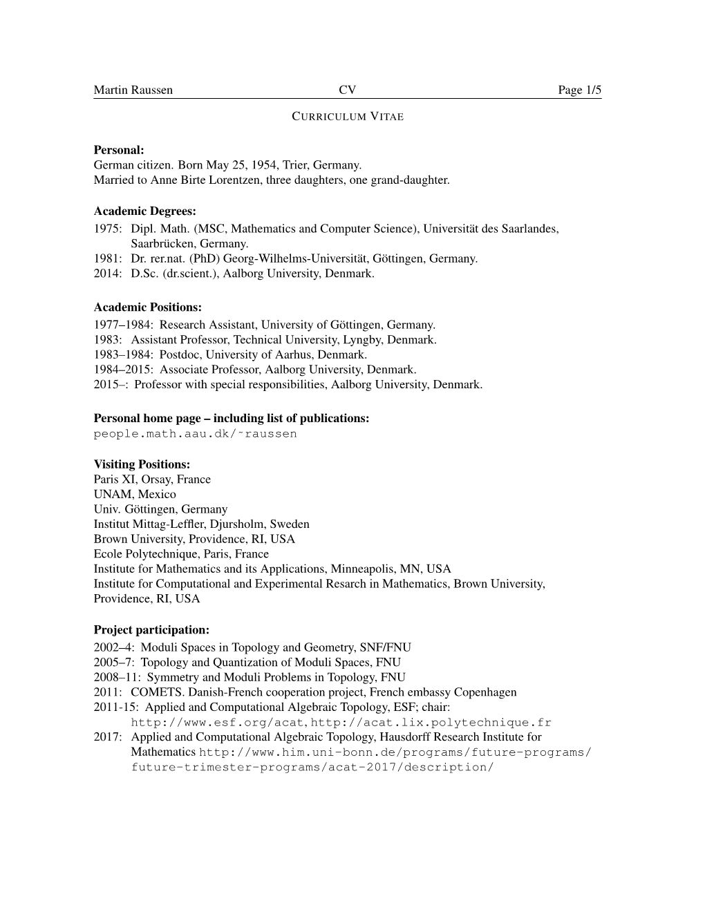 Martin Raussen CV Page 1/5 Personal