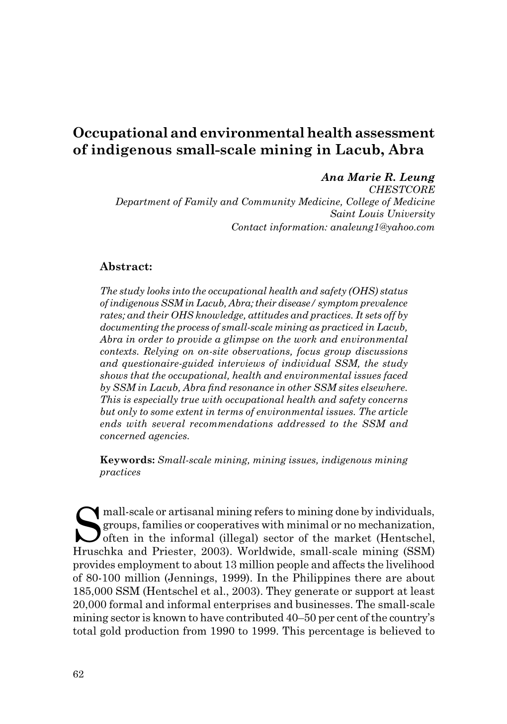 Occupational and Environmental Health Assessment of Indigenous Small-Scale Mining in Lacub, Abra
