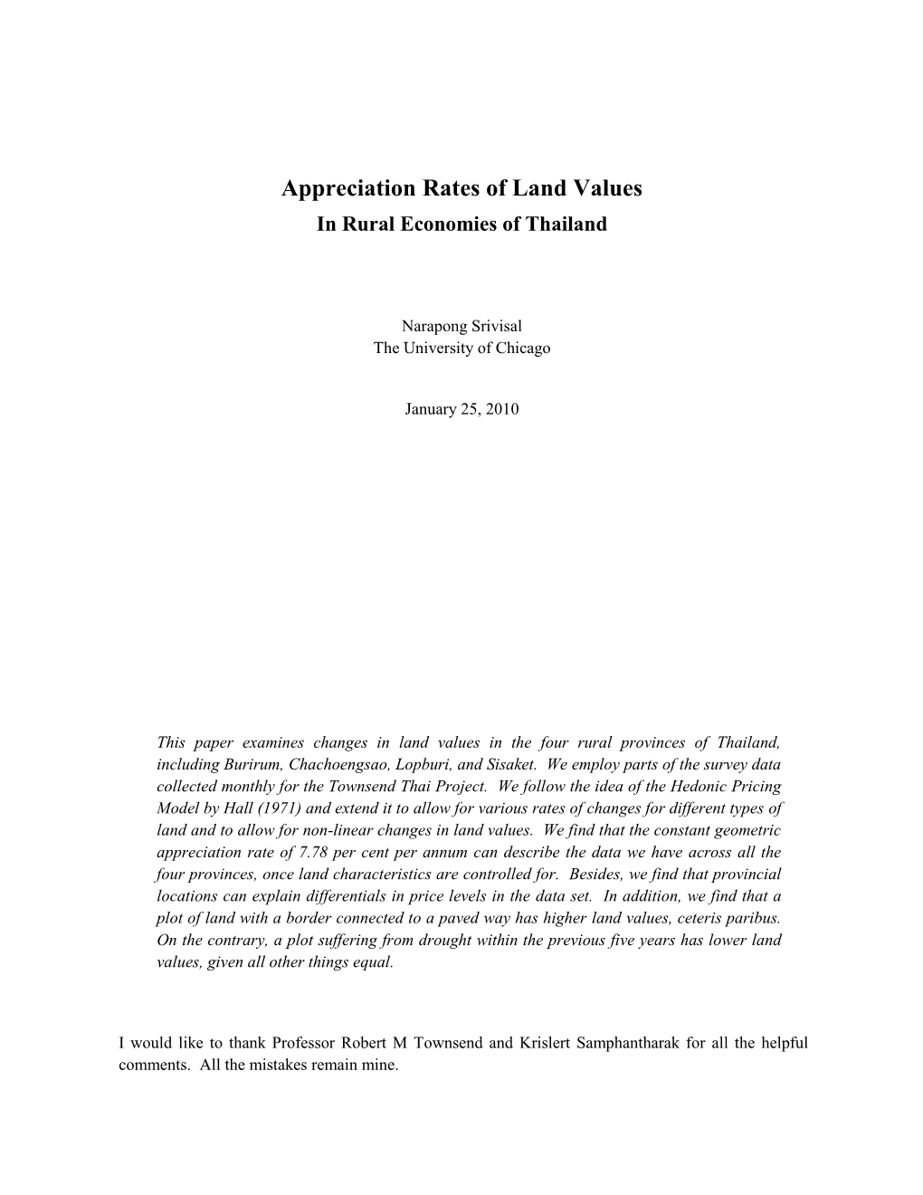 Appreciation Rates of Land Values