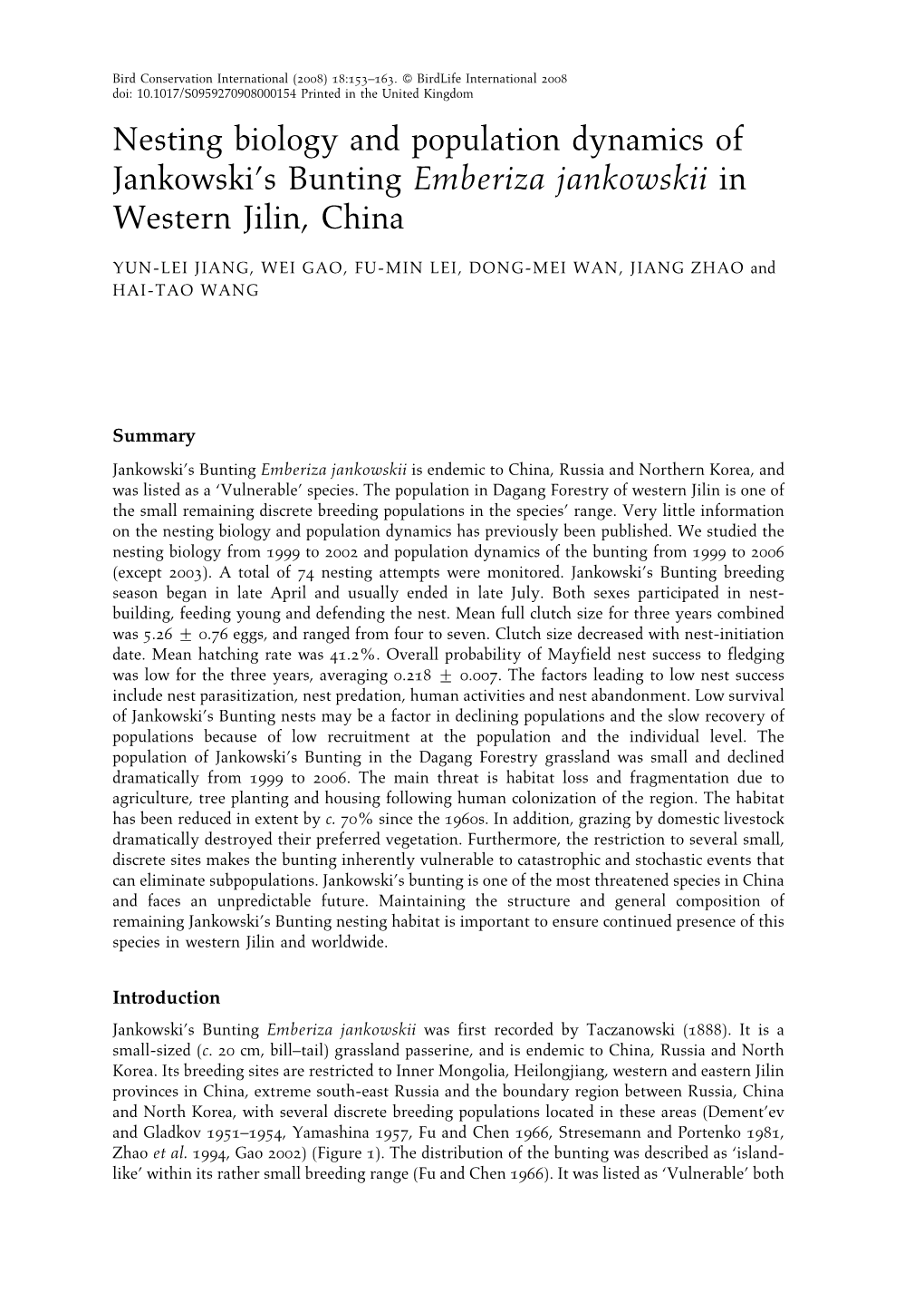 Nesting Biology and Population Dynamics of Jankowski's Bunting