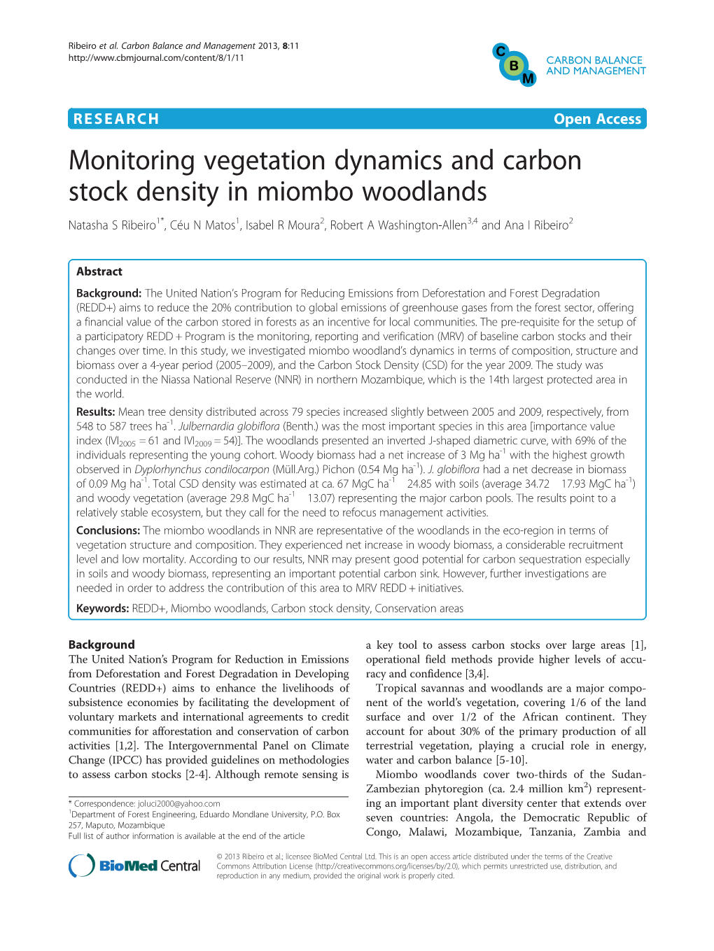 Monitoring Vegetation Dynamics and Carbon Stock Density in Miombo