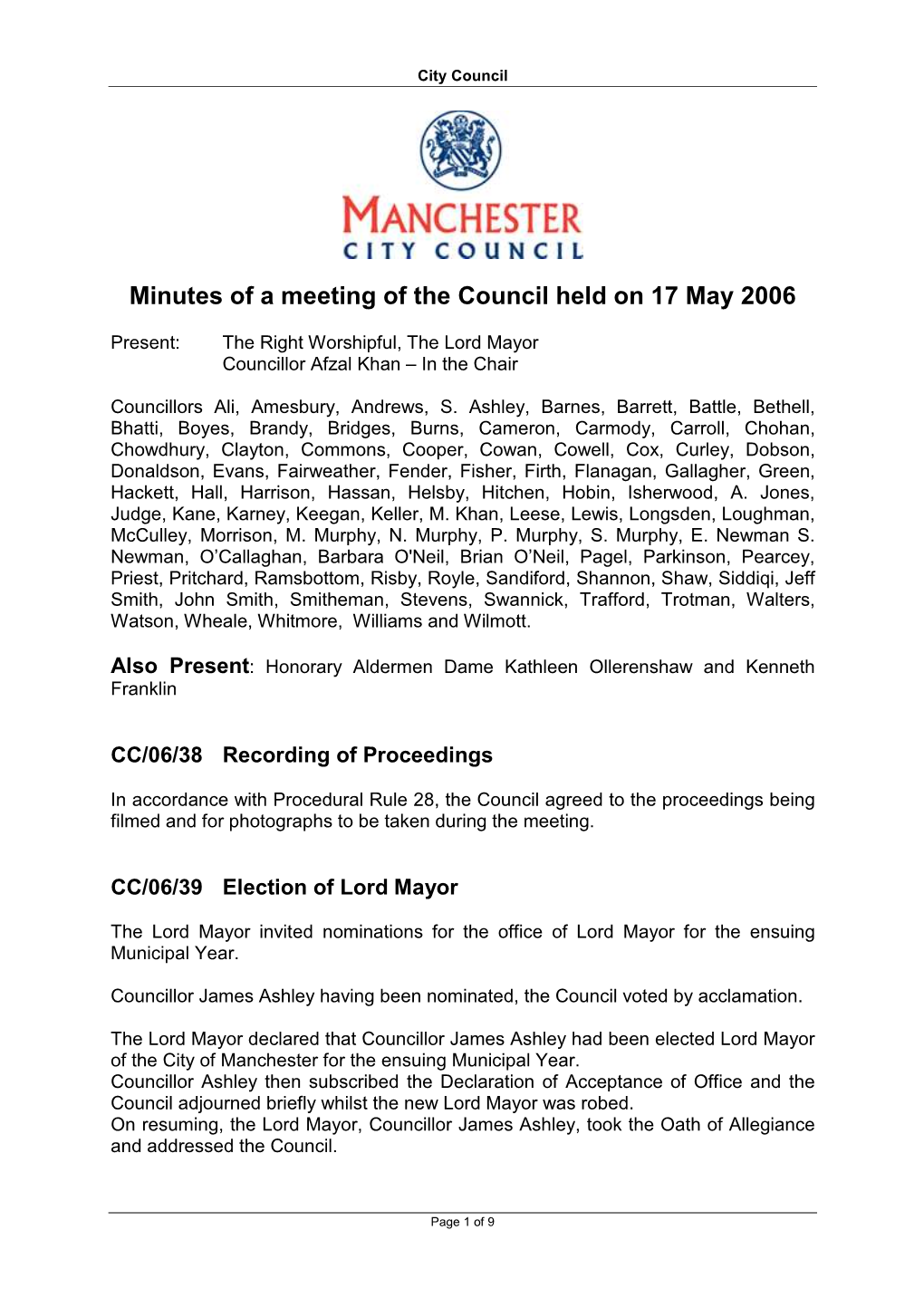 Minutes of the City Council Meeting on 17 May 2006