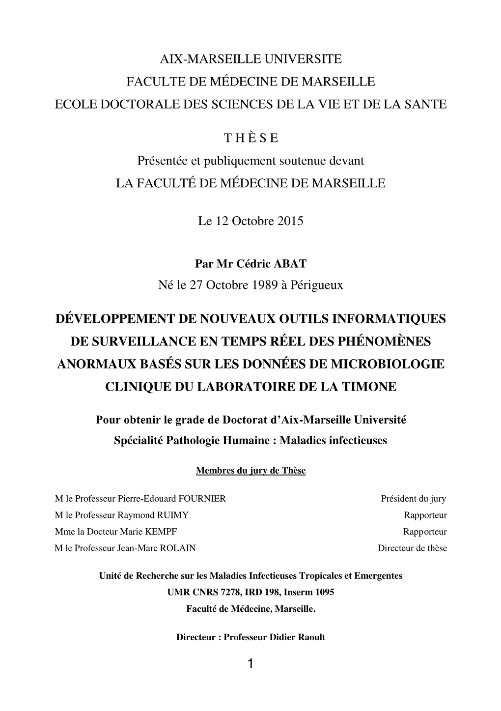 Aix-Marseille Universite Faculte De Médecine De Marseille Ecole Doctorale Des Sciences De La Vie Et De La Sante