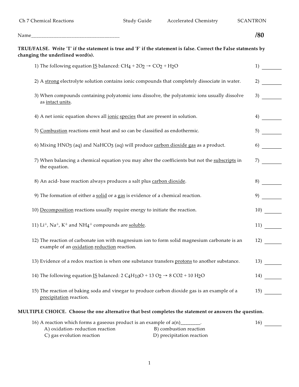 Ch 7 Chemical Reactions Study Guide Accelerated Chemistry SCANTRON