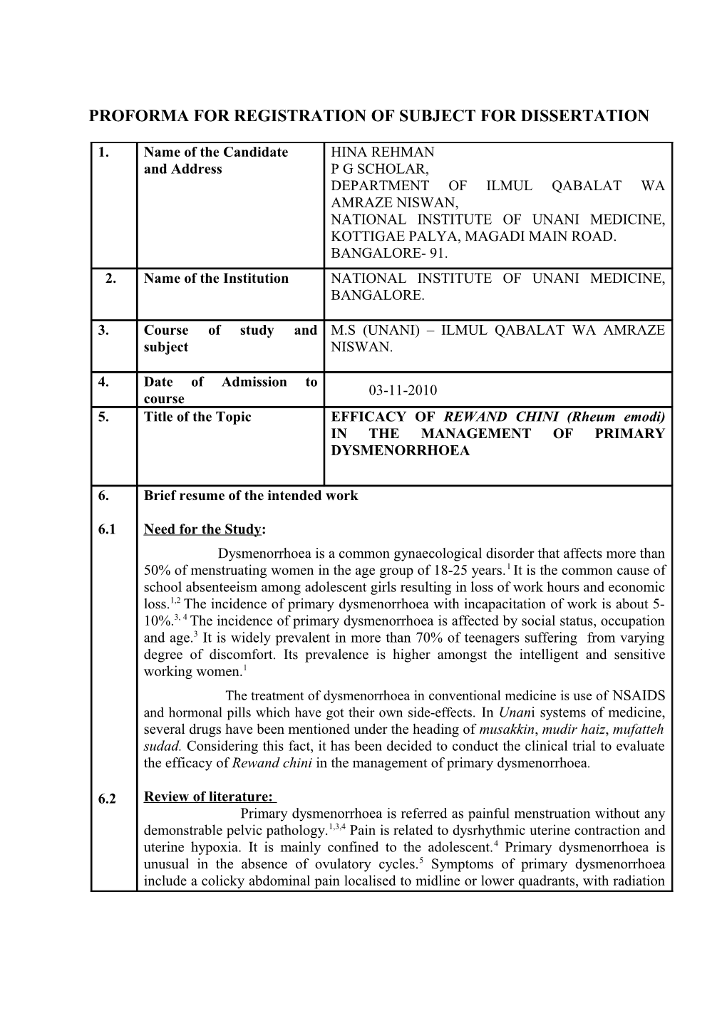 Proforma for Registration of Subjects for Dissertation