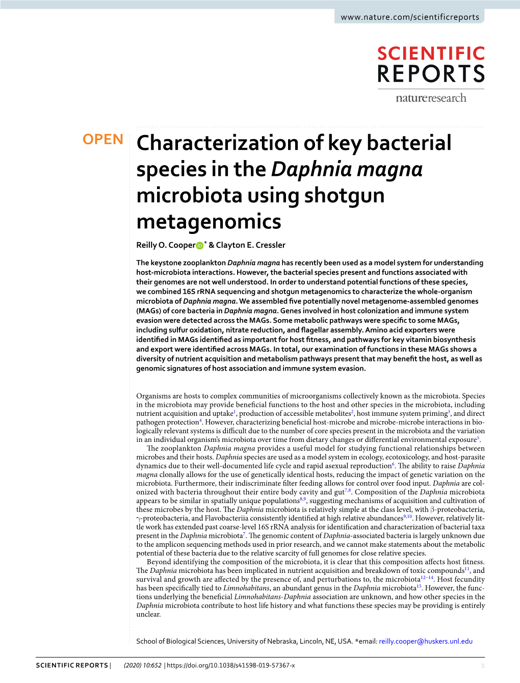 Characterization of Key Bacterial Species in the Daphnia Magna Microbiota Using Shotgun Metagenomics Reilly O