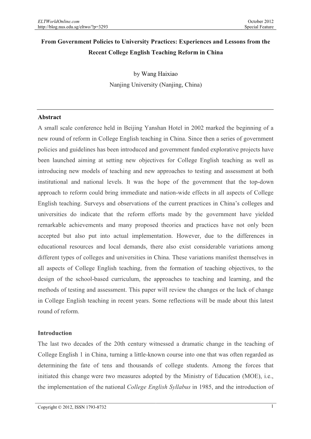 From Government Policies to University Practices: Experiences and Lessons from the Recent College English Teaching Reform in China