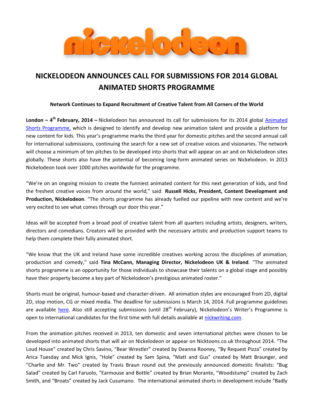 Nickelodeon Announces Call for Submissions for 2014 Global Animated Shorts Programme