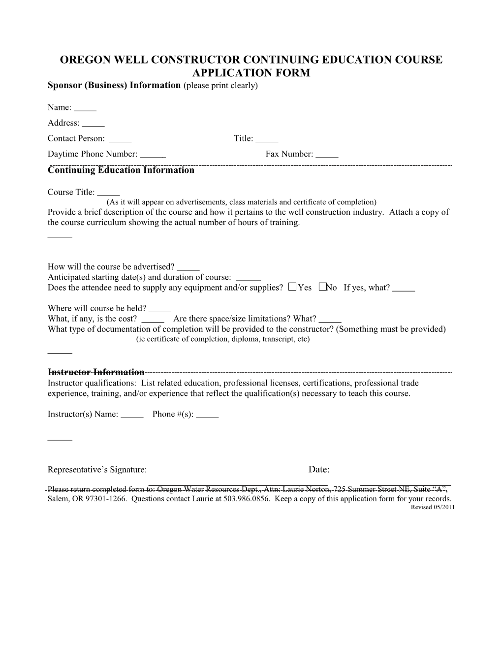 Oregon Well Constructor Continuing Education Course Application Form