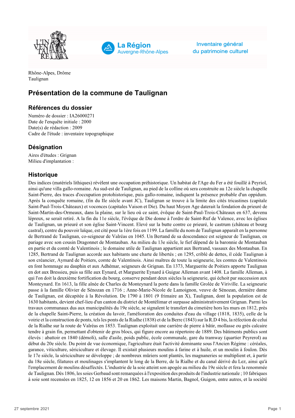 Présentation De La Commune De Taulignan