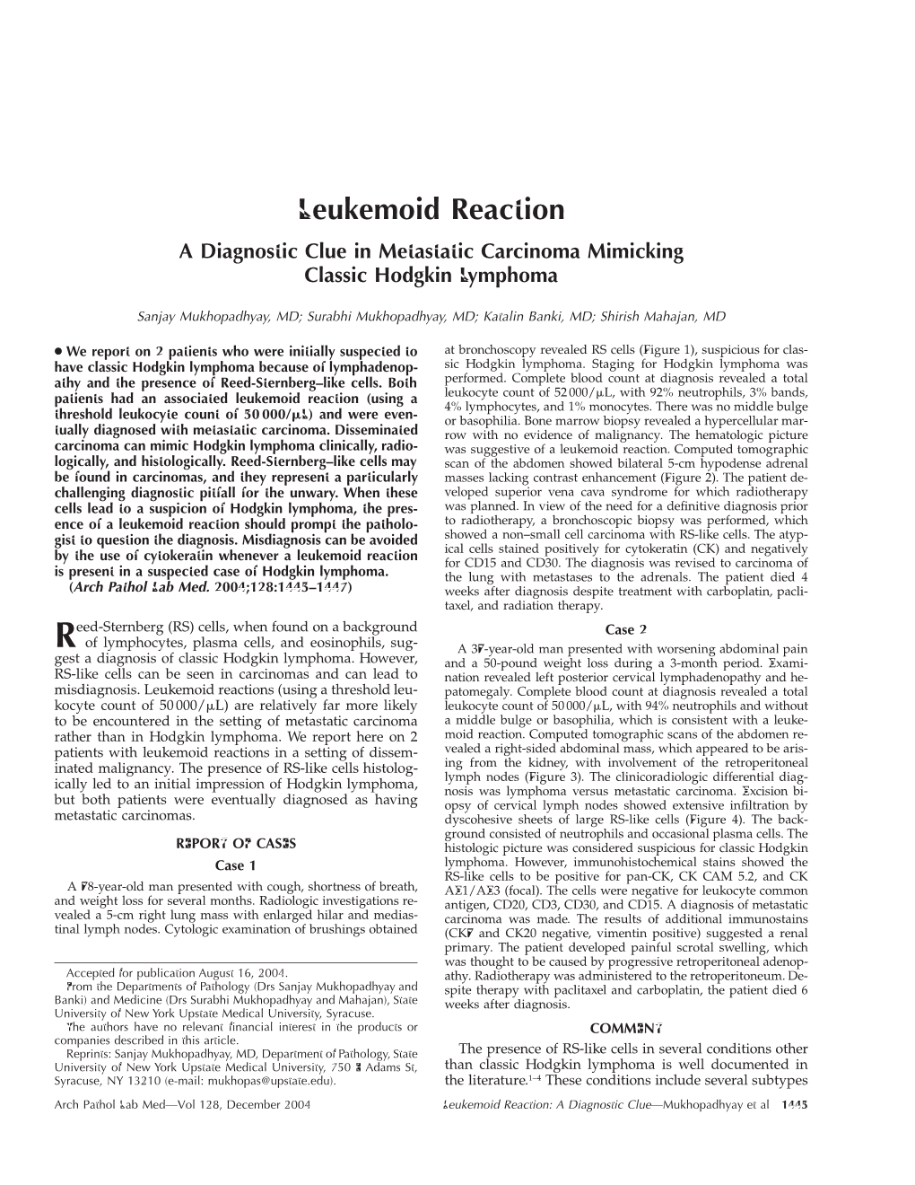 Leukemoid Reaction a Diagnostic Clue in Metastatic Carcinoma Mimicking Classic Hodgkin Lymphoma