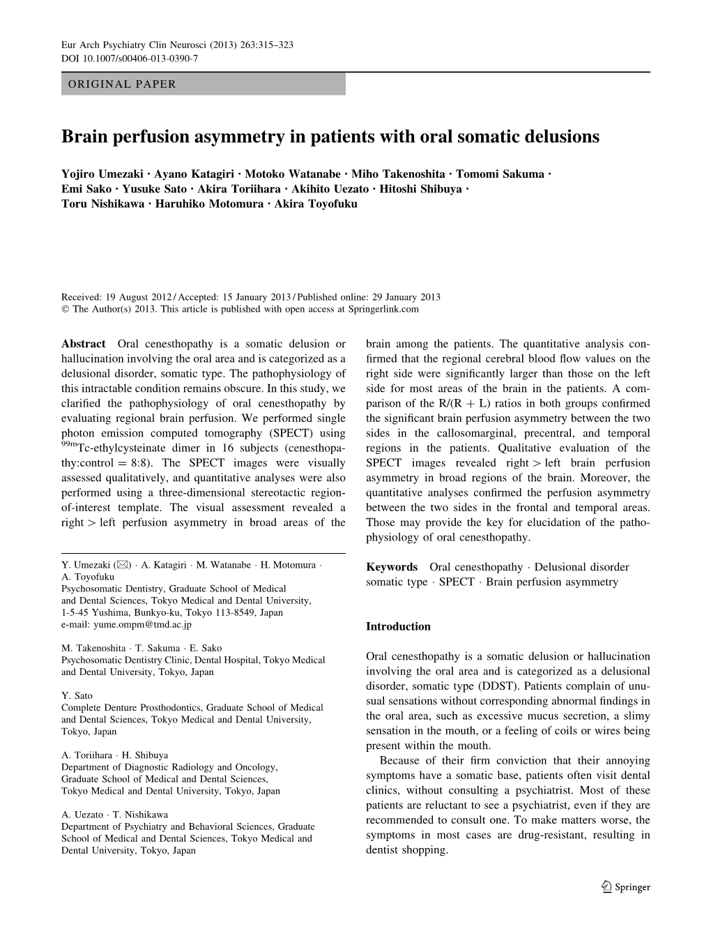 Brain Perfusion Asymmetry in Patients with Oral Somatic Delusions