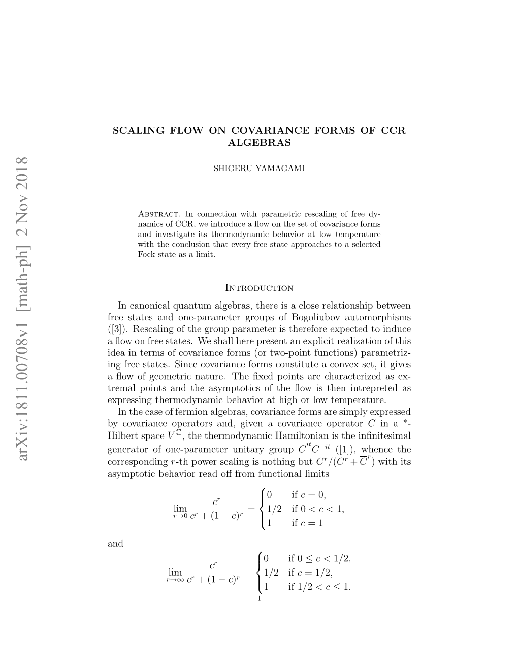 Scaling Flow on Covariance Forms of CCR Algebras