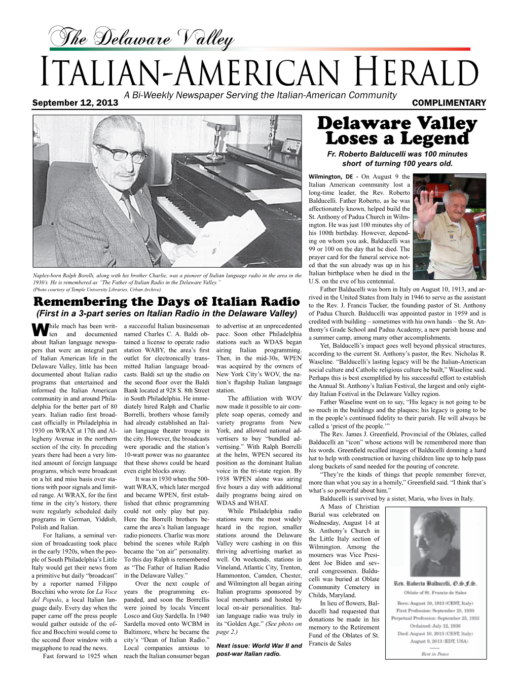 Italian-American Herald a Bi-Weekly Newspaper Serving the Italian-American Community September 12, 2013 COMPLIMENTARY Delaware Valley Loses a Legend Fr