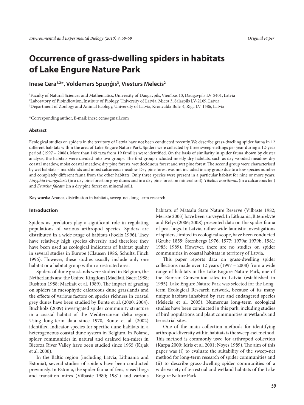 Occurrence of Grass-Dwelling Spiders in Habitats of Lake Engure Nature Park