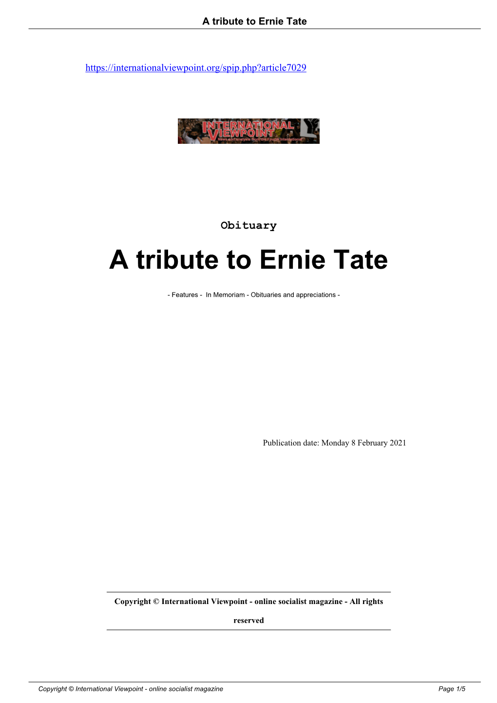 A Tribute to Ernie Tate