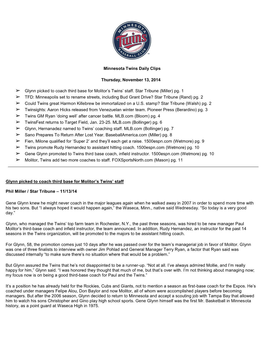 Minnesota Twins Daily Clips Thursday, November 13