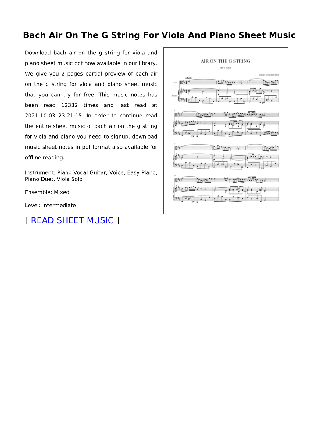 Bach Air on the G String for Viola and Piano Sheet Music