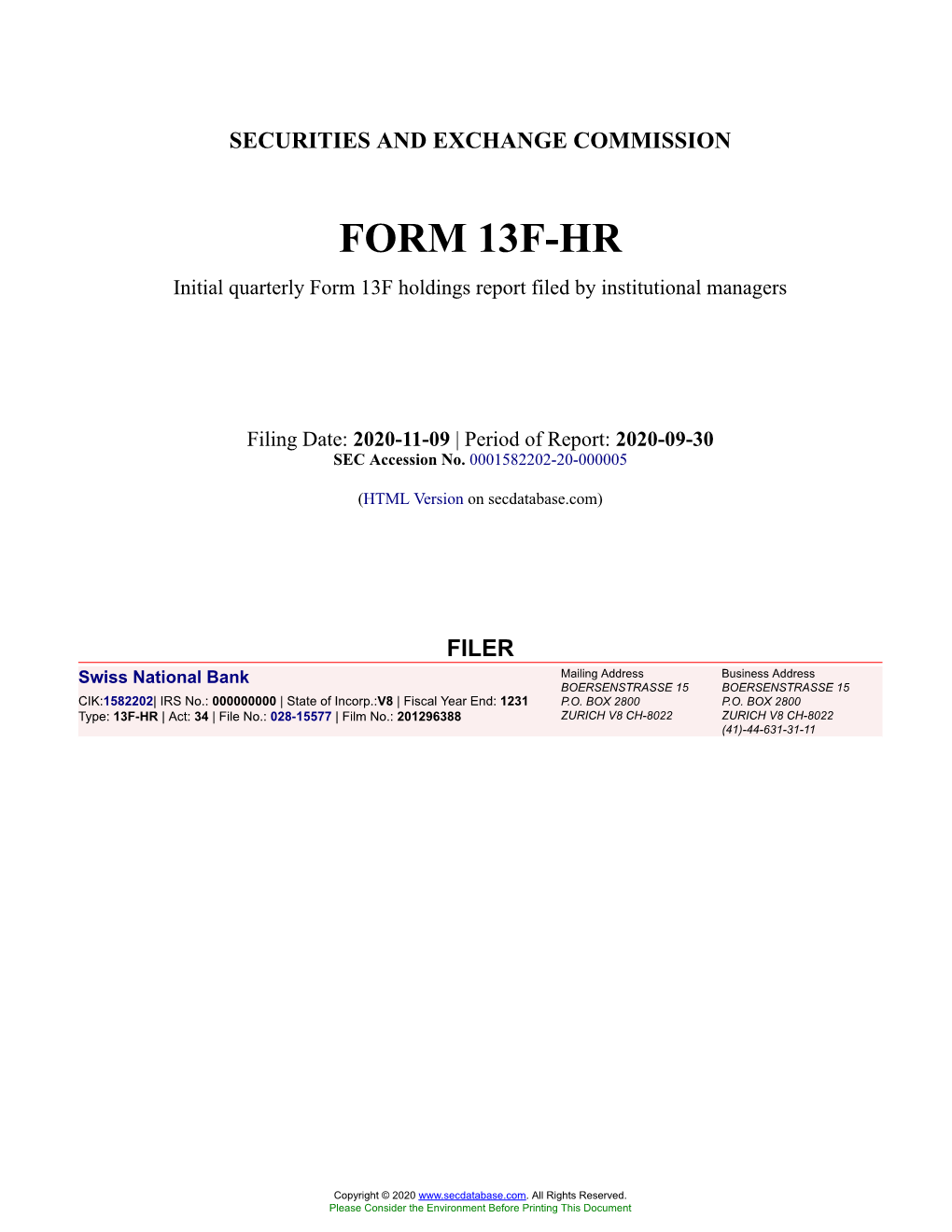 Swiss National Bank Form 13F-HR Filed 2020-11-09