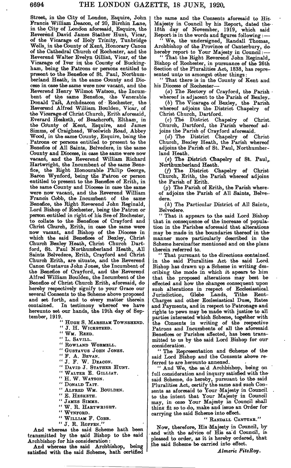 The London Gazette, 18 June, 1920