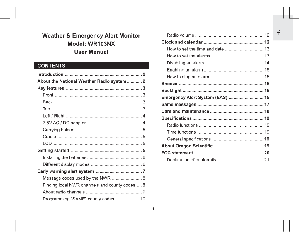 Weather & Emergency Alert Monitor Model: WR103NX User Manual