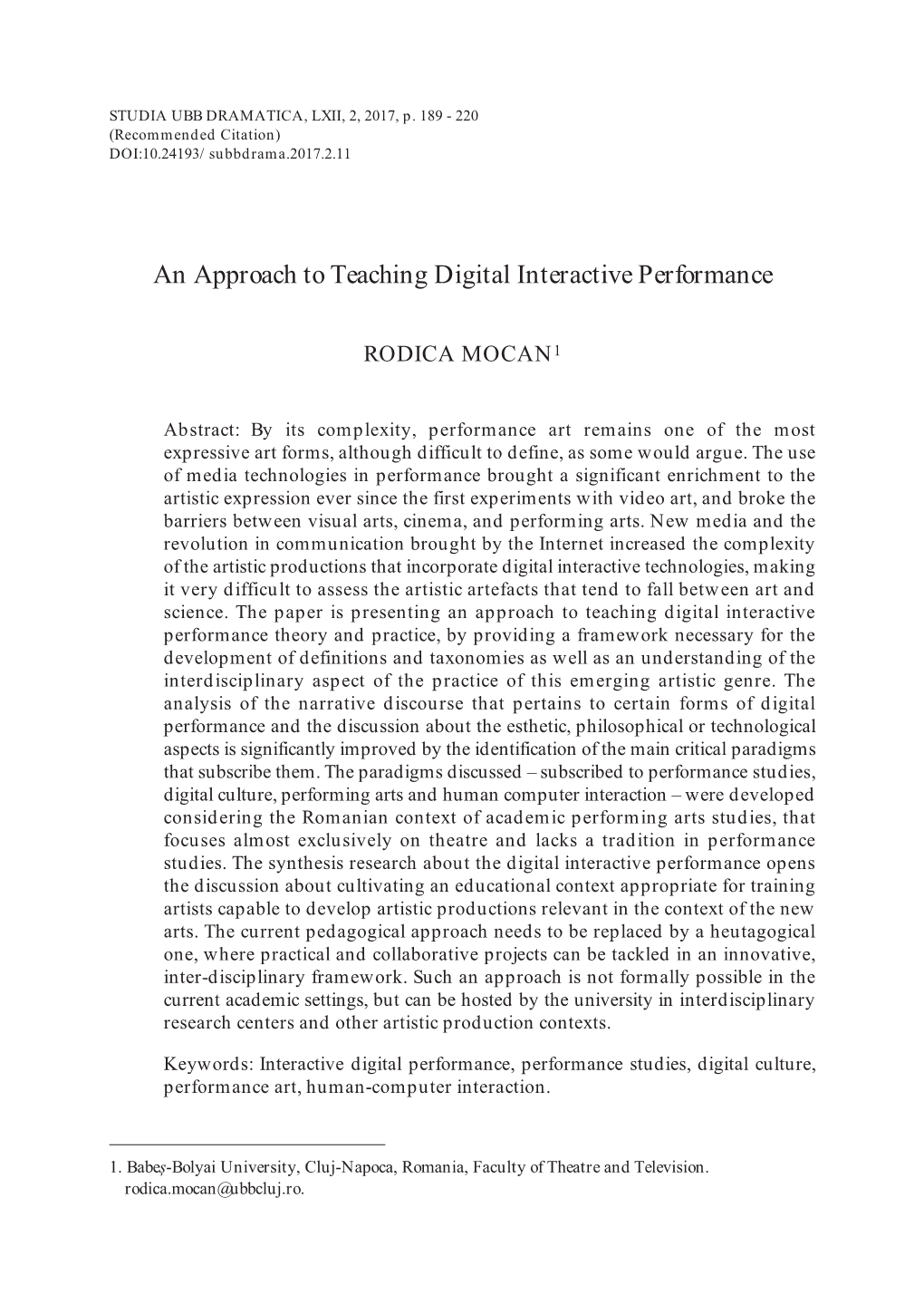 An Approach to Teaching Digital Interactive Performance