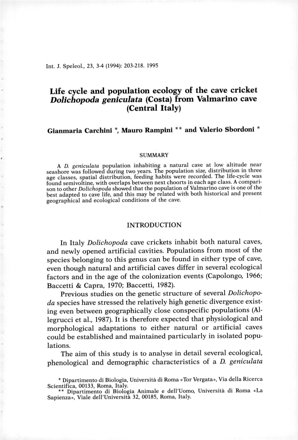 Life Cycle and Population Ecology of the Cave Cricket Dolichopoda Geniculata (Costa) from Valmarino Cave (Central Italy)