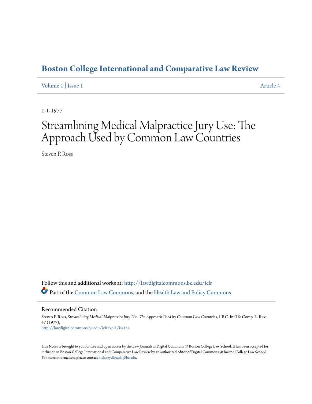 Streamlining Medical Malpractice Jury Use: the Approach Used by Common Law Countries Steven P