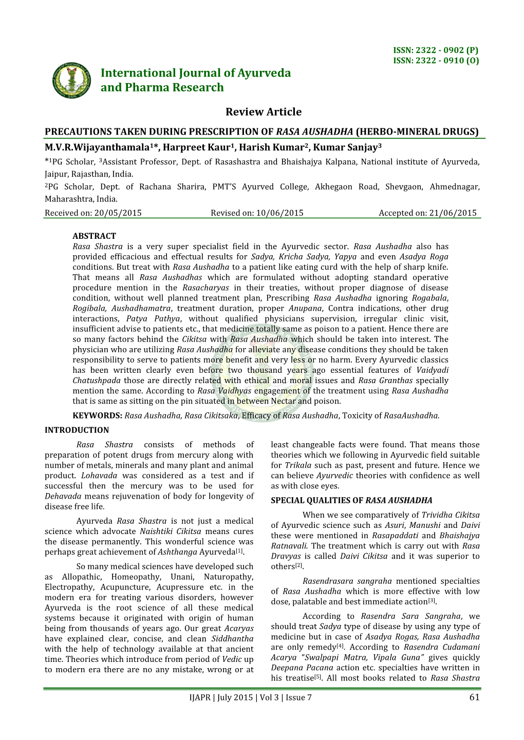 International Journal of Ayurveda and Pharma Research